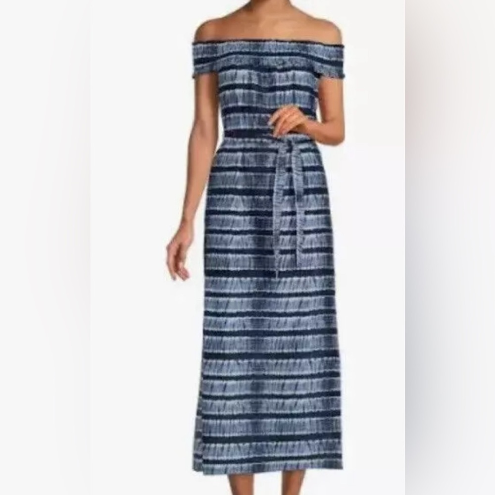 NWT$165 Michael Kors Women's Striped Off Shoulder Chambray Maxi Dress Blue XS